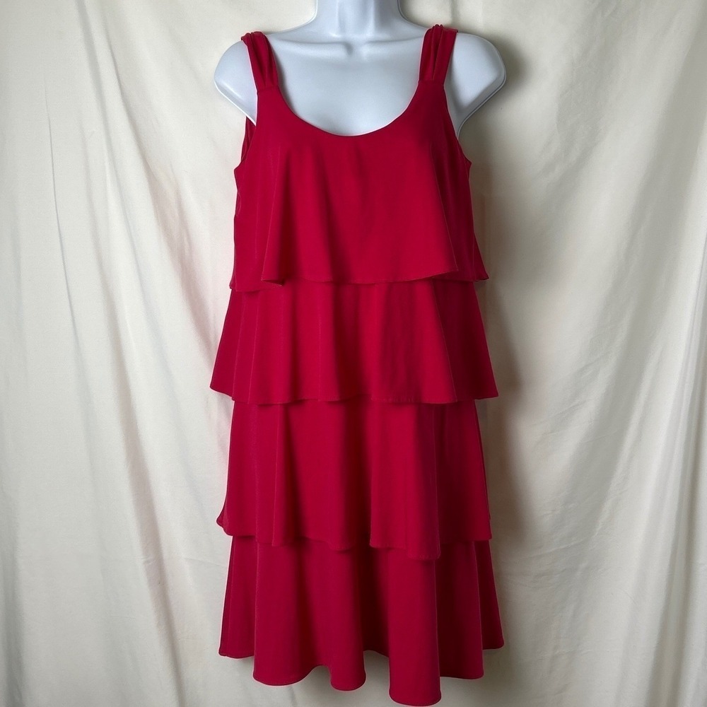 London Times Womans Tiered Ruffle Midi Dress Dark Pink Size 8 Cocktail Event